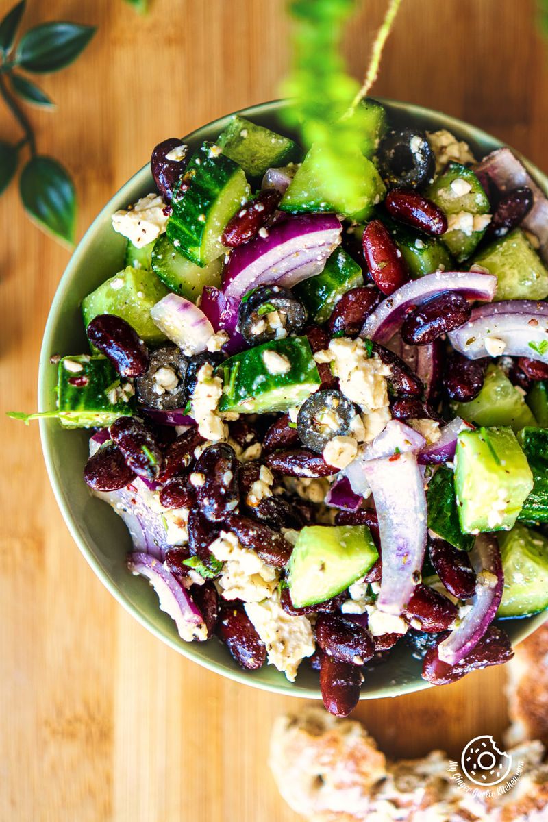 overhead closeup photo of a bowl of kidney bean salad