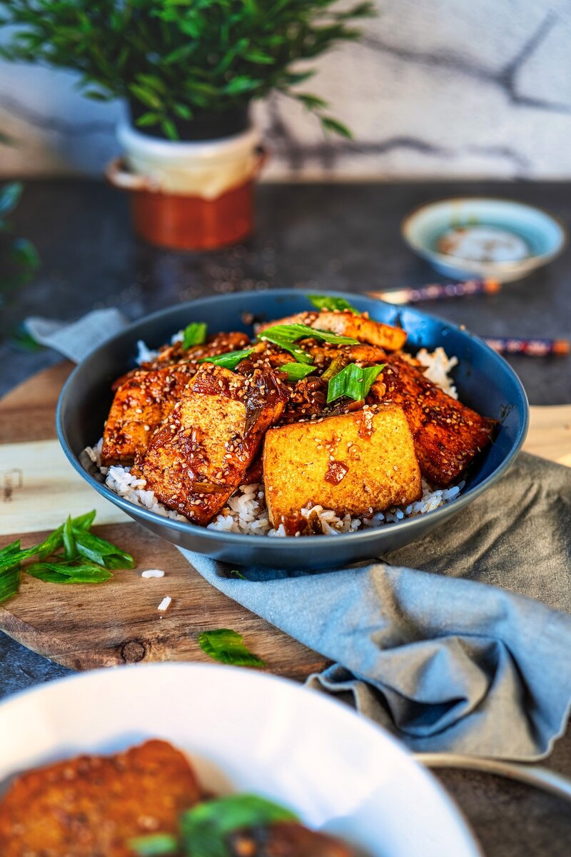 Closeup Korean braised tofu pieces on white rice, caramelized onion gochujang soy sauce, sesame seed and scallion topping, quick tofu bowl