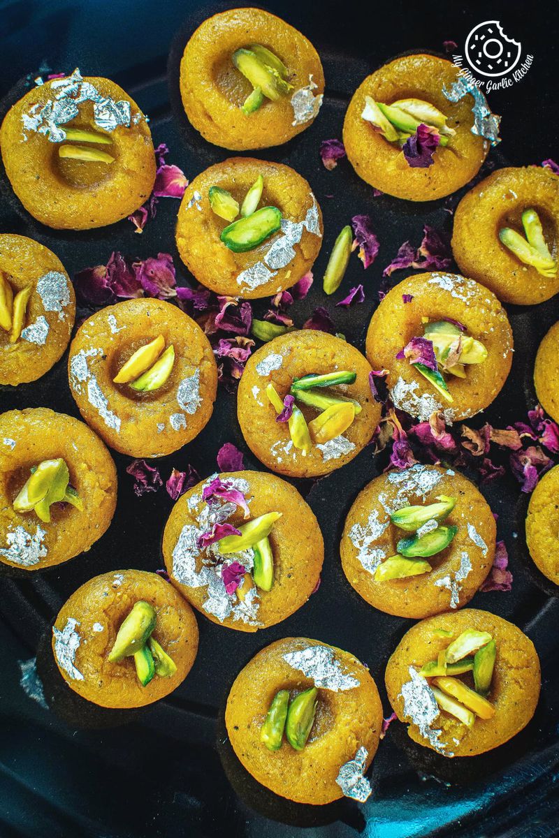 mango peda served in a steel tray