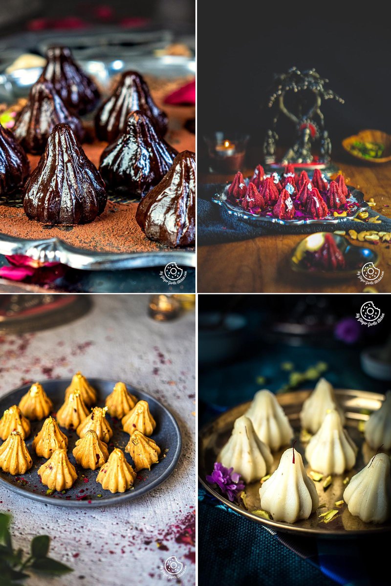 Collage of four gourmet modak varieties: glossy chocolate, vibrant red coconut rose, golden mawa, and creamy dulce de leche, elegantly plated with festive decor