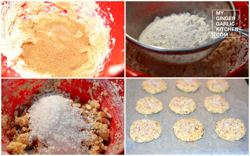 collage of photos of a bowl of cookies and a bowl of flour