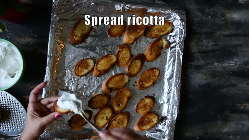 Image of the recipe cooking step-1-14 for Peach Bruschetta with Whipped Ricotta and Zucchini