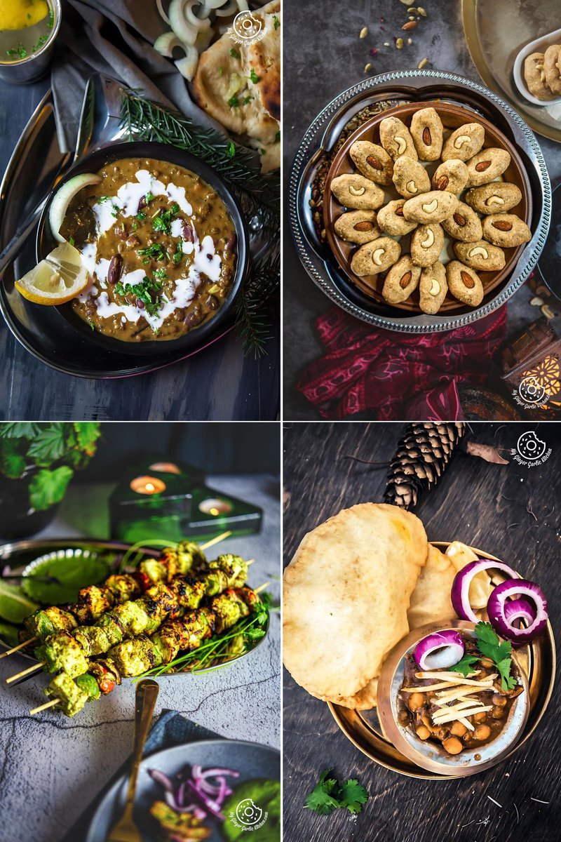 Collage of four Punjabi dishes including dal makhani with naan, almond cookies, grilled paneer skewers, and chole bhature, each beautifully presented to showcase the vibrant and diverse cuisine of Punjab.