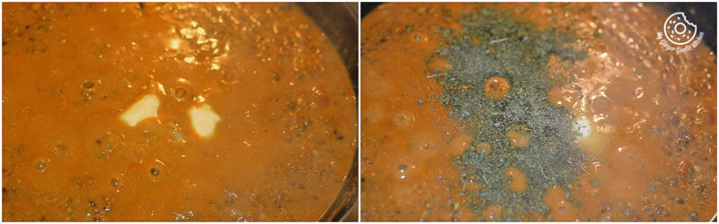 two pictures of a pot of soup with a spoon and a spoon in it