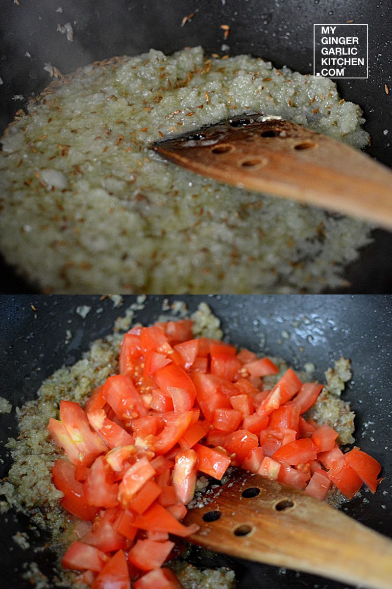 tomatoes and rice cooking in a wok with a wooden spoon