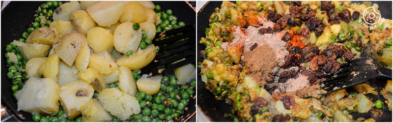 two pictures of a pan with potatoes and peas