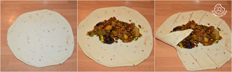 four pictures of a tortilla with a mixture of vegetables and meat