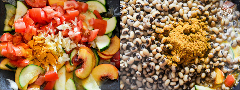 two pictures of a salad with tomatoes, cucumbers, and onions