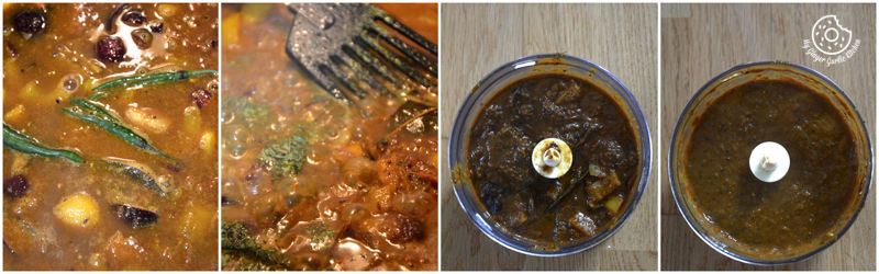a collage image of cooking step three of black eyed peas curry in pepper onion gravy