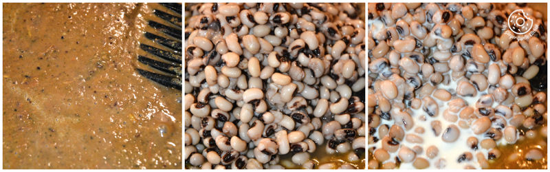 a collage image of cooking step four of black eyed peas curry in pepper onion gravy