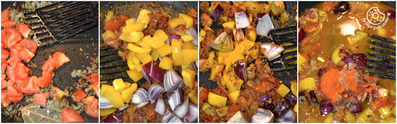 a collage image of cooking step two of black eyed peas curry in pepper onion gravy