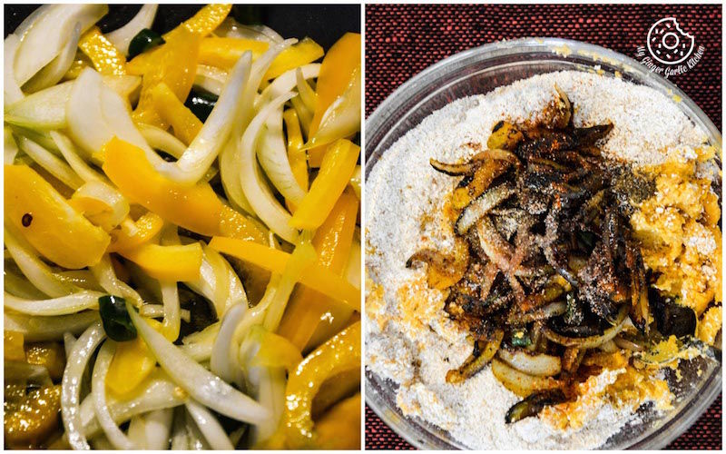 food is shown in two different pictures, one with onions and the other with peppers