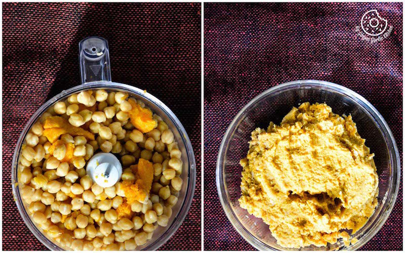 two pictures of a food processor with chickpeas and a mixture of hummus