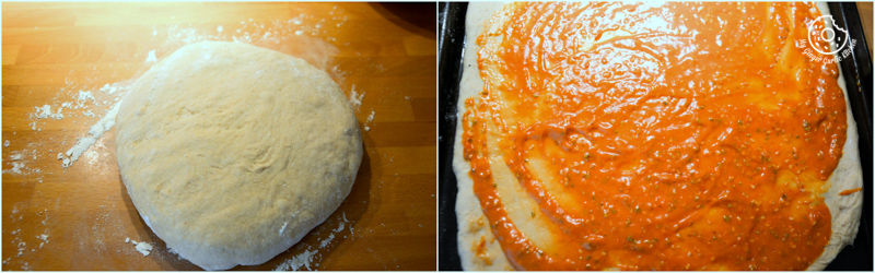 two pictures of a pizza dough with a red sauce on top