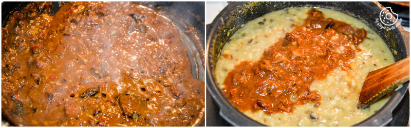 two pictures of a pan of food with a wooden spoon