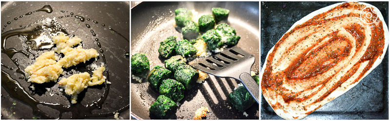 food in a pan and a plate with broccoli and cheese