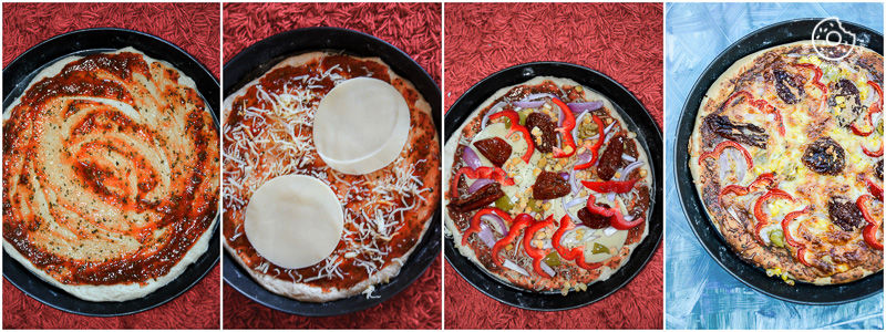 four different types of pizzas in pans on a table