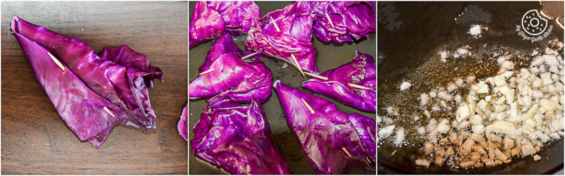 purple cabbage being cooked and chopped in a pan