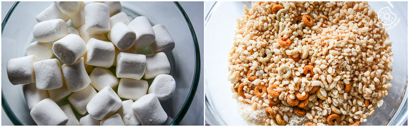 two pictures of a bowl of rice and marshmallows
