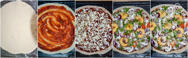 four different types of pizzas are shown on a baking sheet
