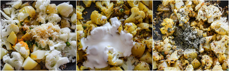three pictures of achaari aloo gobi that are being prepared