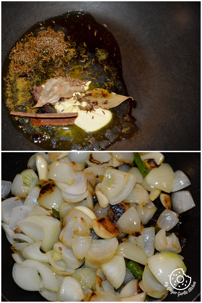 onions and onions are cooking in a pan with a wooden spoon