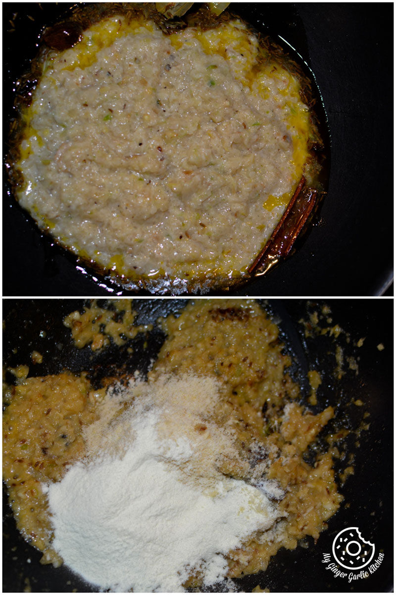 food cooking in a pan with a mixture of flour and a spoon