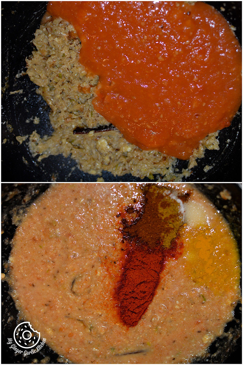 two pictures of a pan with a mixture of sauce and a spoon