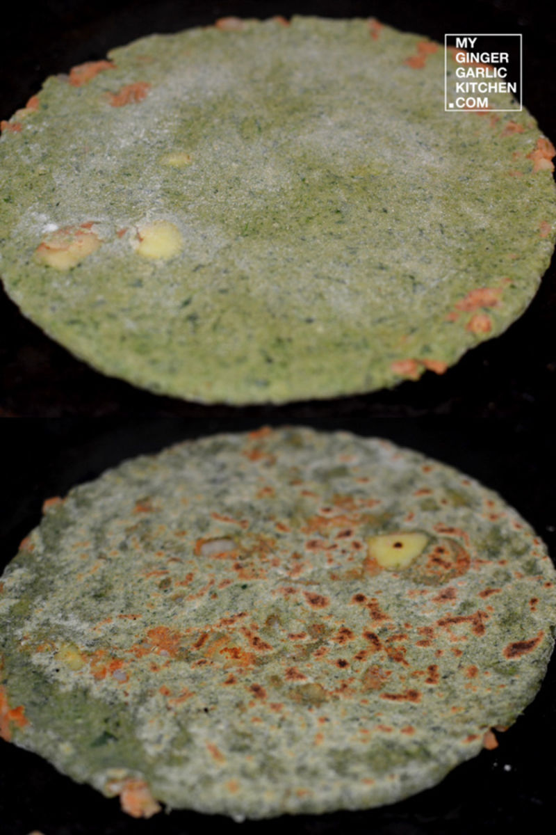 two different pictures of aloo palak paratha cooking step