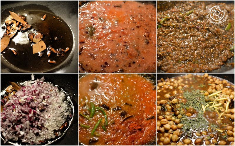 collage of photos of a amritsari chole cooking in a pan