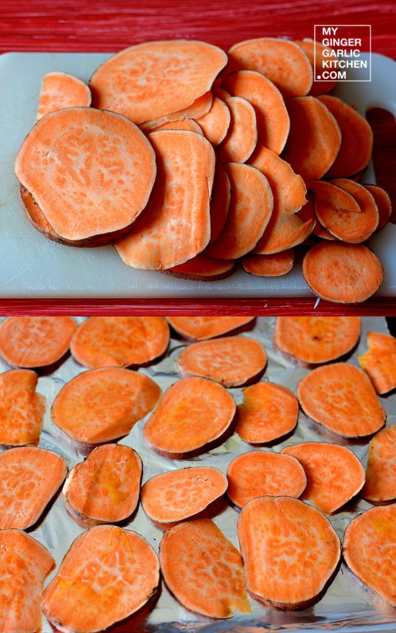 two trays of sliced up sweet potatoes on a table
