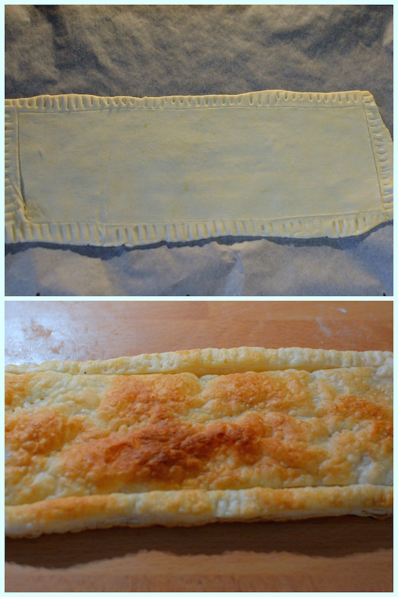 a collage of two pictures with a raw pastry sheet and one baked sheet