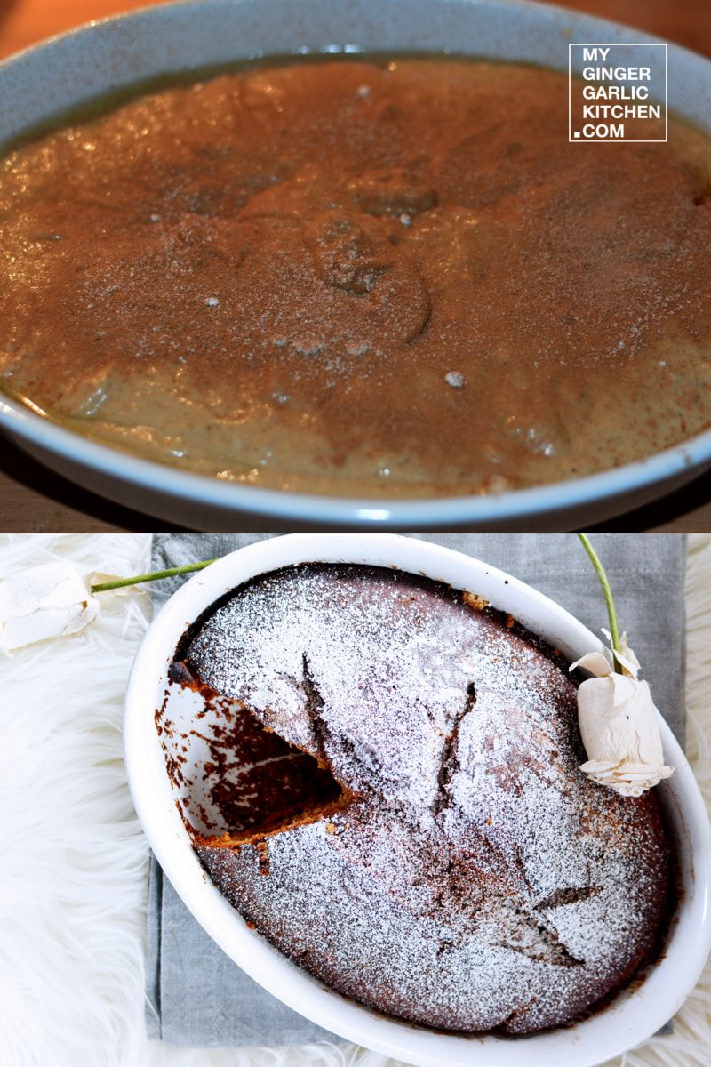 a cake in a bowl and a bowl of powdered sugar