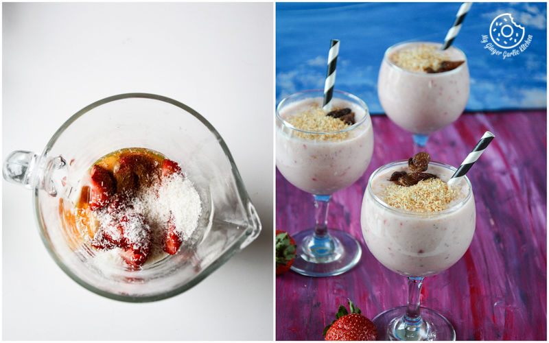 two pictures of a banana strawberry coconut smoothie in a glass with strawberries