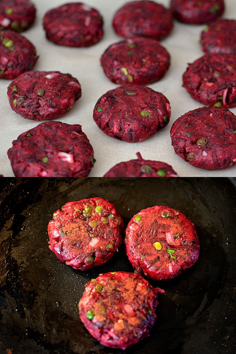 four different pictures of a pan with beet potato peas patties in it