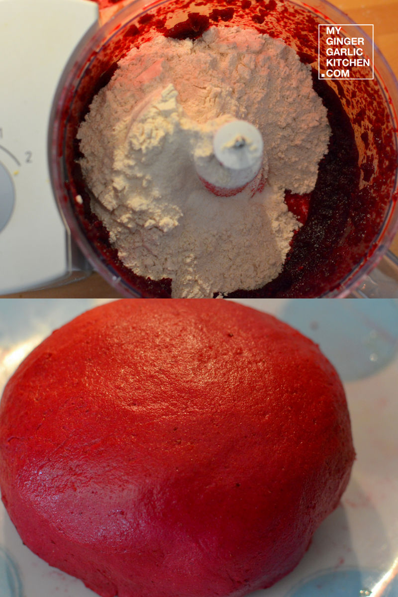 dough in a food processor with a beetroot puree