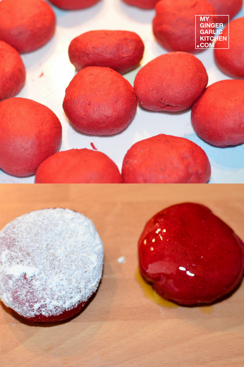 two pictures of a beetroot dough balls on a table