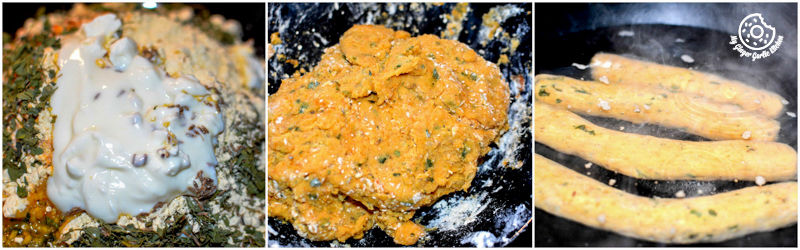 besan gatta cooking in a pan with yogurt and sauce