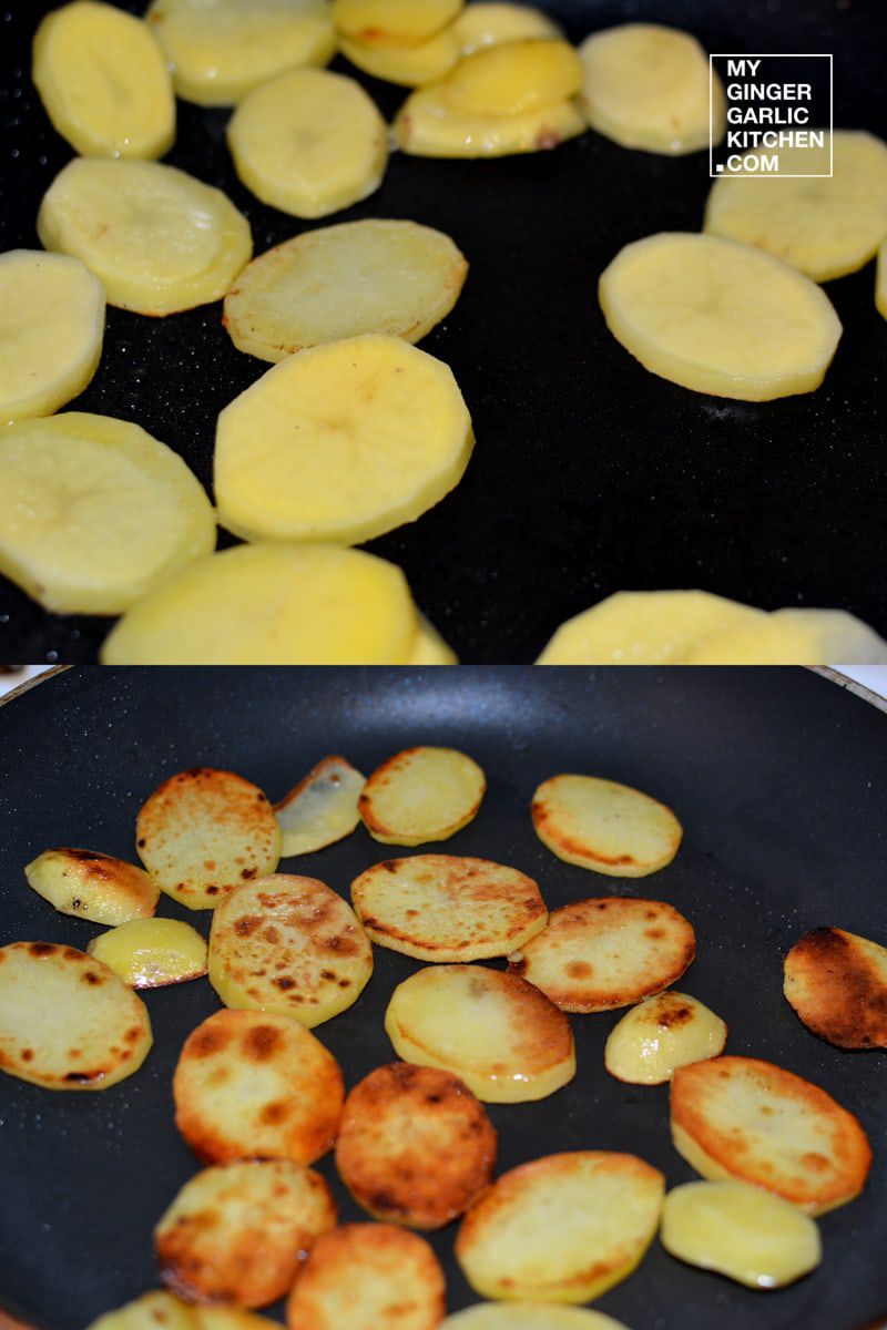 two pictures of a pan with potatoes cooking in it