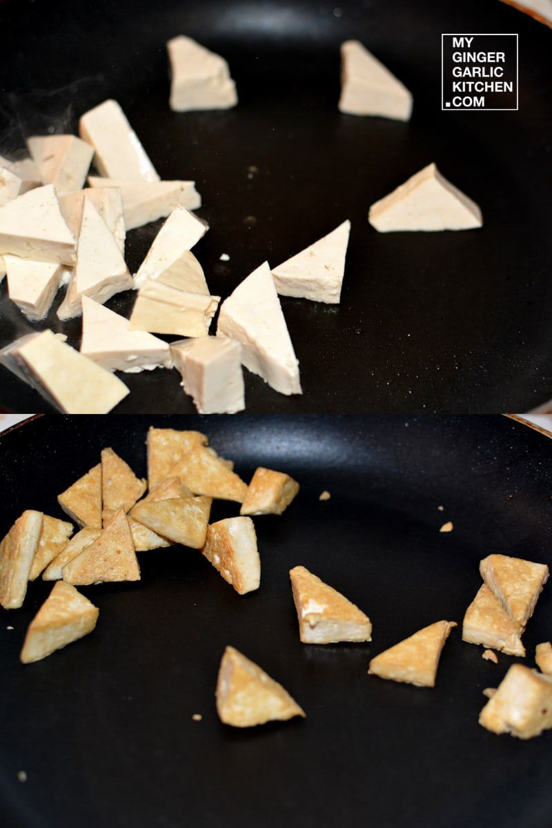 tofu slices are being cooked in a pan with a spatula