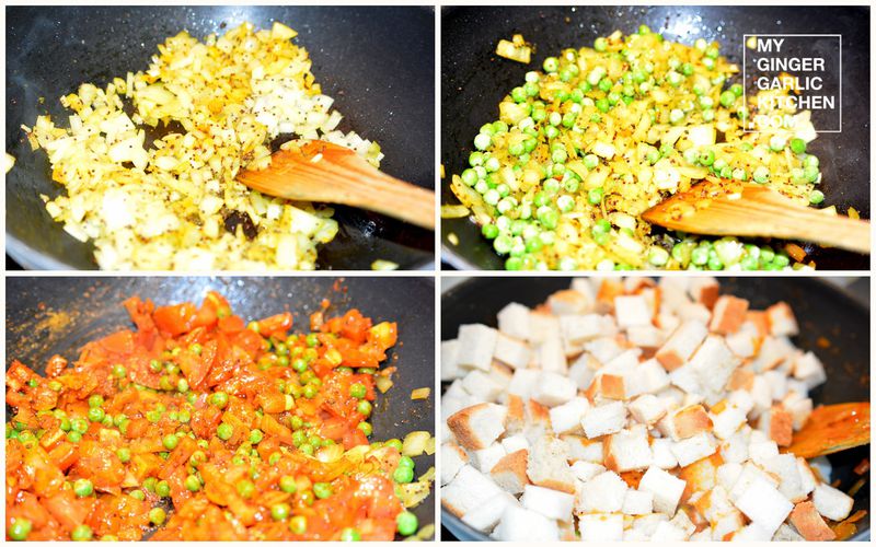 bread poha cooking in a pan with a wooden spoon