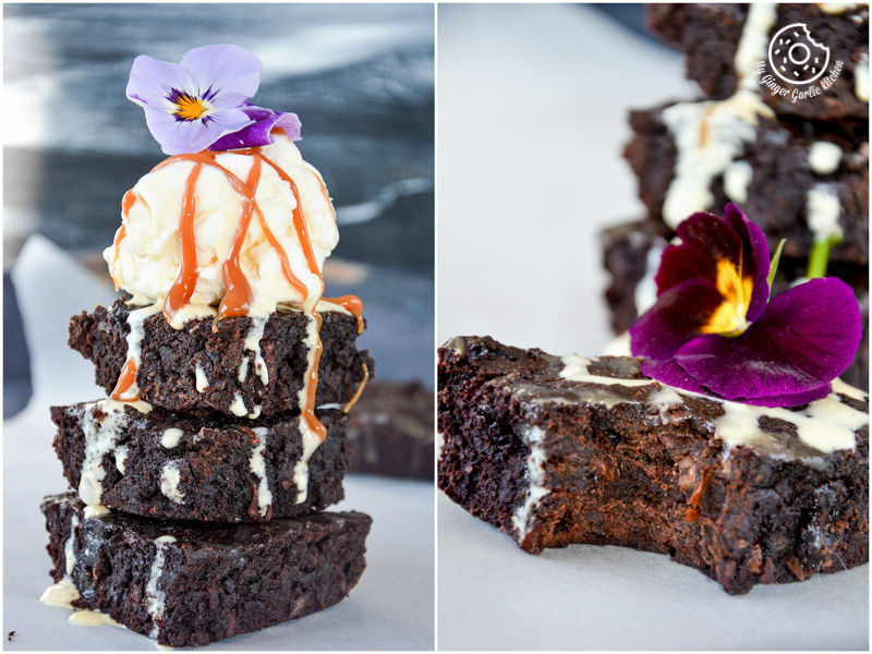 two pictures of a chocolate carrot brownies with a flower on top