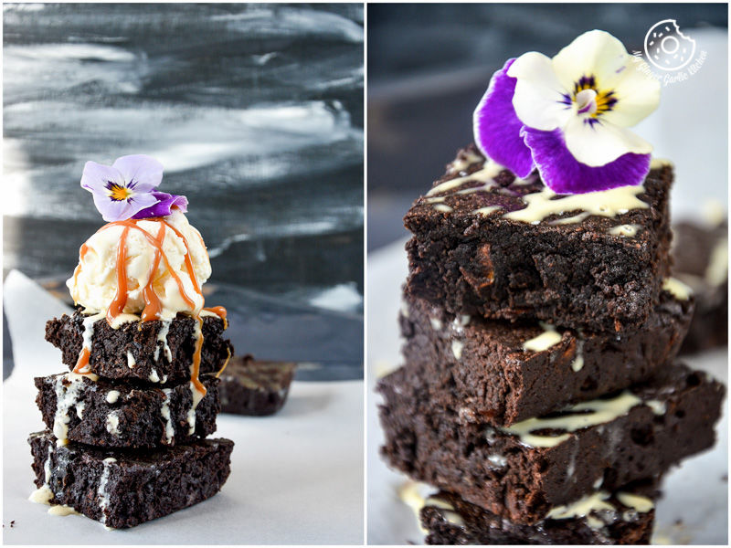 two pictures of a stack of carrot brownies with flowers on top