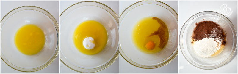 four different pictures of eggs and flour in a bowl