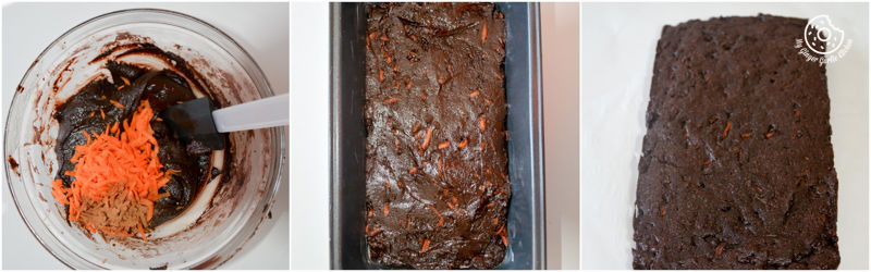 two pictures of a pan of brownies with grated orange carrots