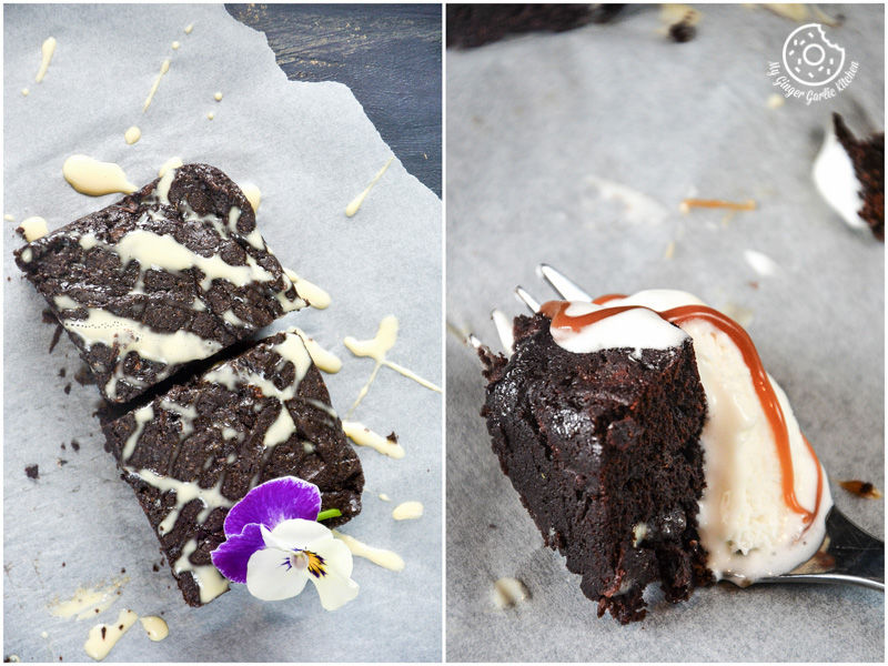 two pictures of a piece of carrot brownies with ice cream and a flower
