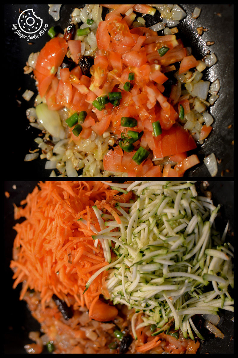 two pictures of a pan with vegetables and rice