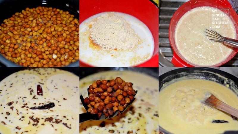 a close up of a pan of chana kadhi making with a spoon and a bowl of food