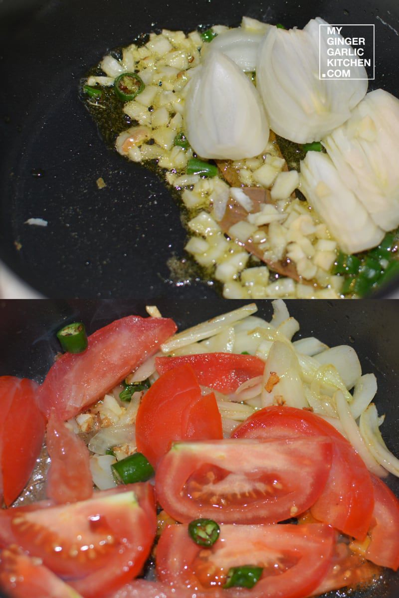 tomatoes and onions cooking in a pan with a spatula