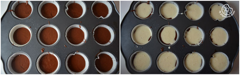 two pictures of a muffin pan with cupcakes in it